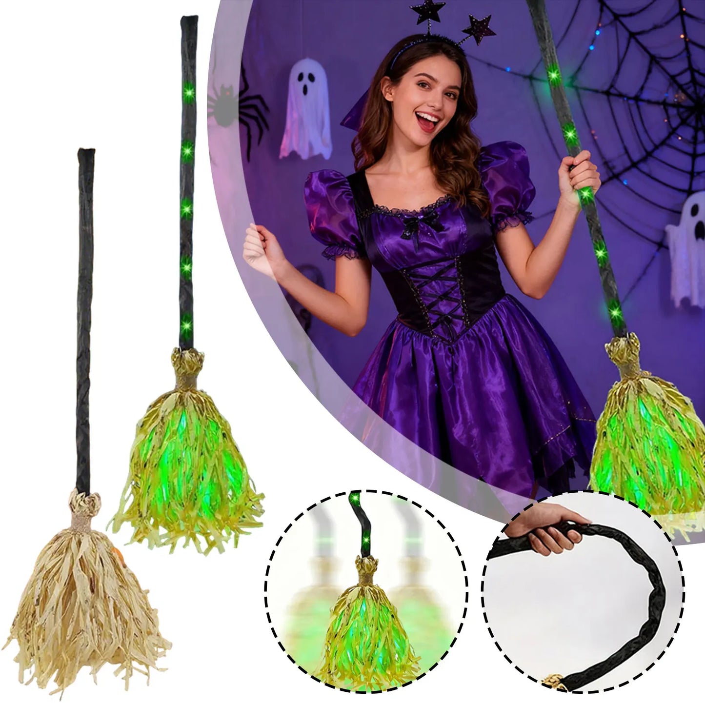 Floating Witch's Brooms Bendable Witches Brooms For Halloween Decor Animated Lights Up Moving Broomstick With Spookys Sounds Peaceful Pleasures Health and Wellness