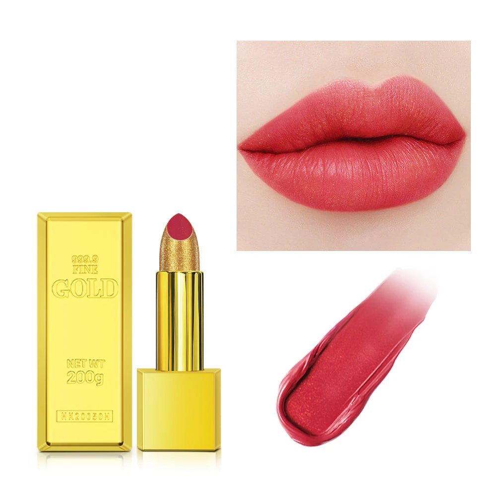 Shimmer Gold Lipstick Metallic Glitter Sexy Lipsticks Long Lasting Batom Waterproof Cosmetic Gold Brick Tube Design Gift 3.5g Peaceful Pleasures Health and Wellness colors 5