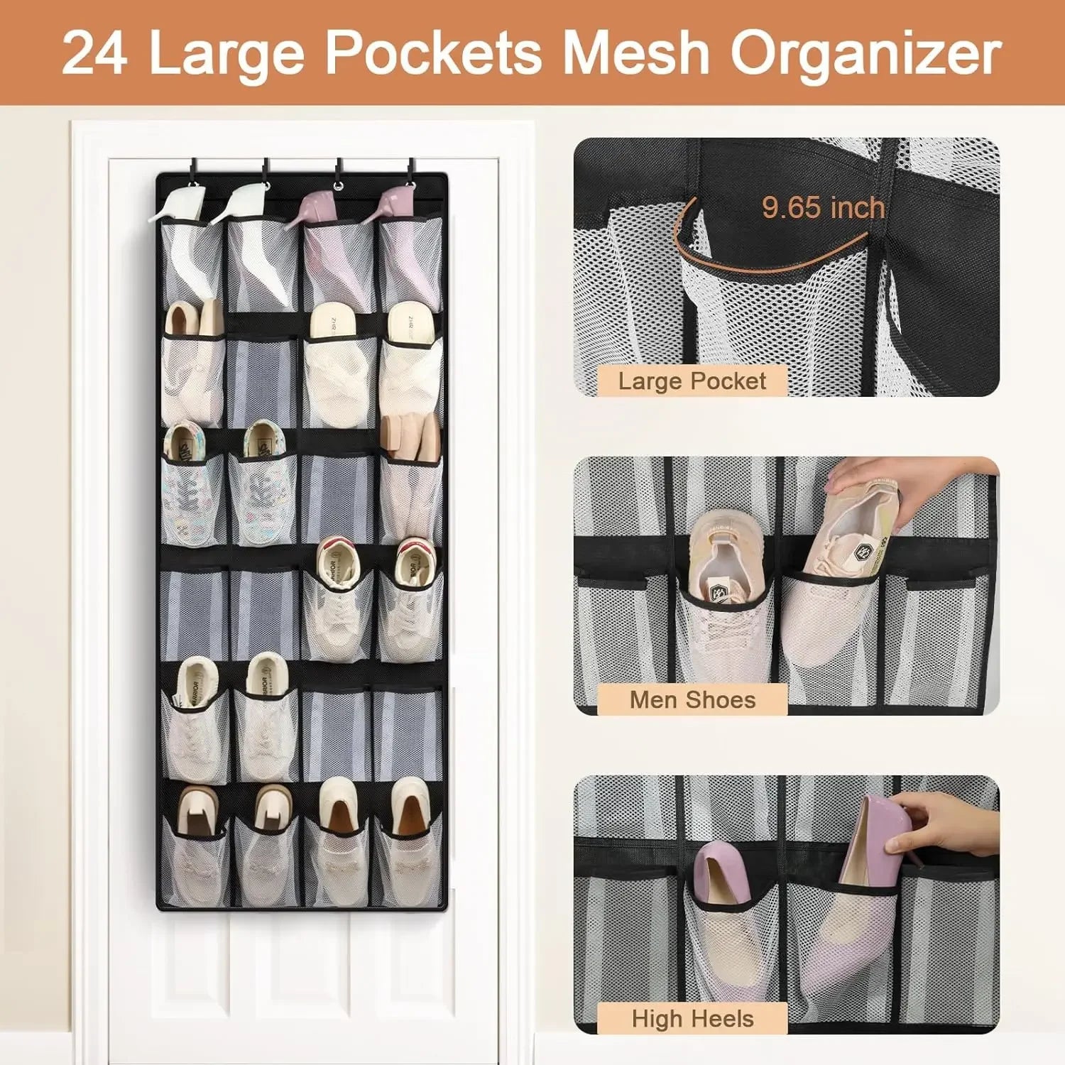 24-Pocket Over Door Shoe Organizer, Mesh Hanging Storage for Closet, Black, Space-Saving Design Peaceful Pleasures Health and Wellness