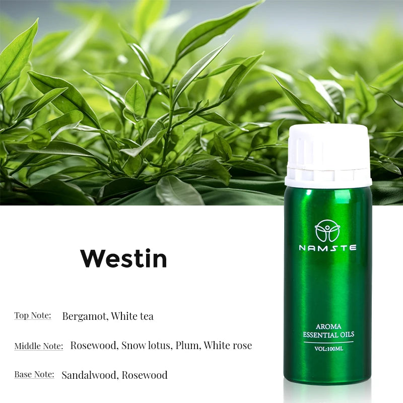 Green essential oil bottle with plant leaves in the background, featuring the brand 'Namste'.