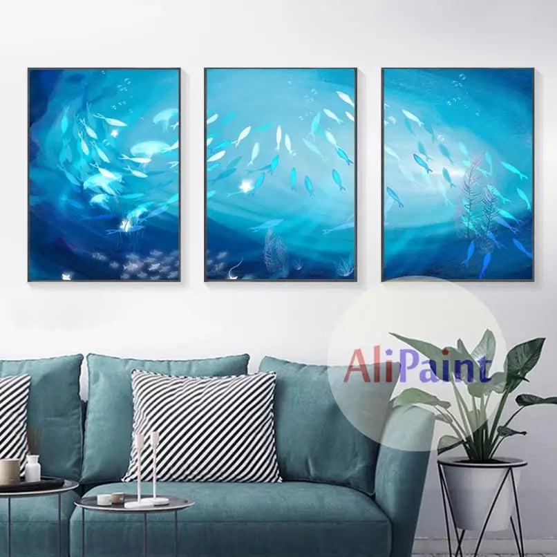 Abstract Poster Cartoon Blue Fish Group Canvas Painting Childlike Wall Art Pictures Print Room Decorative For Nursery Children Peaceful Pleasures Health and Wellness