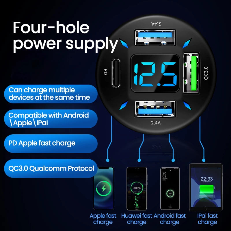 4-Port 66W Car Charger PD QC3.0 Fast Charging USB Type-C
