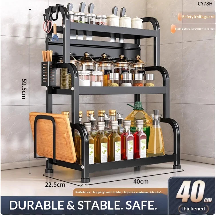 Modern Household Kitchen Spice Rack Countertop Storage Organizer Multifunctional Shelving Unit For Cooking Essentials Peaceful Pleasures Health and Wellness 40cm 3 Layers C
