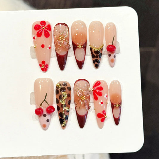 Y2K Press On Nails – Red Cherry Leopard Long Stiletto Set 10pc Press On Nail Set Peaceful Pleasures Health and Wellness Xs