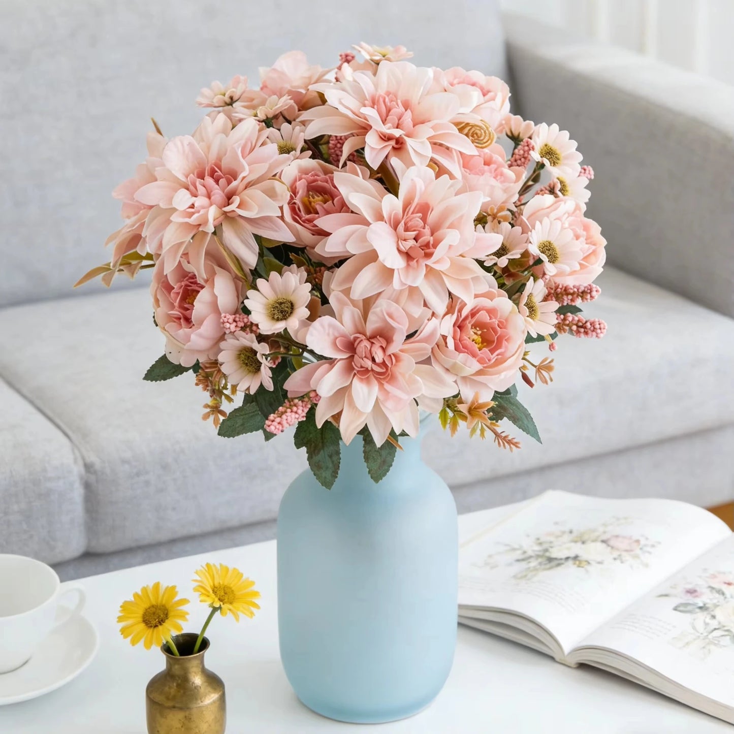 Silk Artificial Dahlia Rose Daisy Bouquet | Wedding & Party Decor