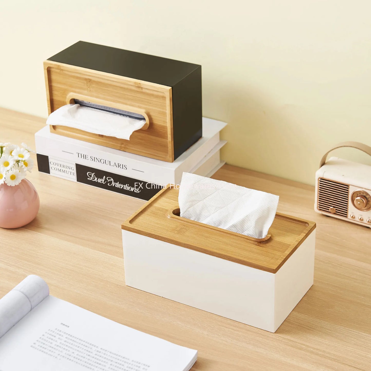 Japanese Style Bamboo Lid Tissue Box Holder - Plastic Desktop Organizer for Living Room, Bathroom, Office, Kitchen Storage Peaceful Pleasures Health and Wellness