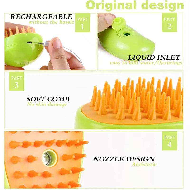 3-in-1 Electric Cat Grooming Comb Fabric Steam Spray Spin Brush for Animal Hair Removal and Massage for Pet Cleaning & Bathing Peaceful Pleasures Health and Wellness