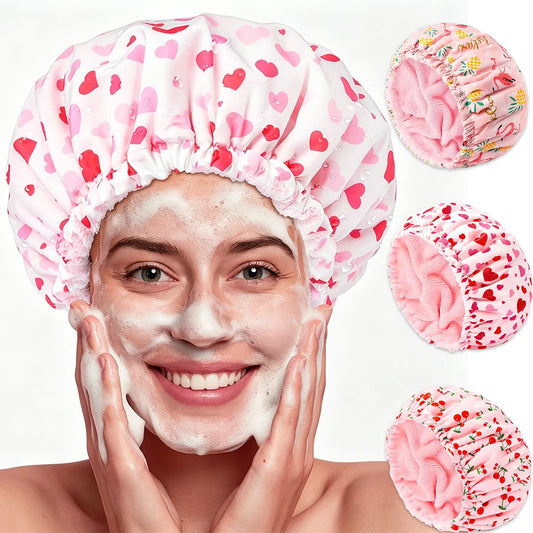 Terry Lined Shower Cap Women – Large Reusable Waterproof Bath Cap