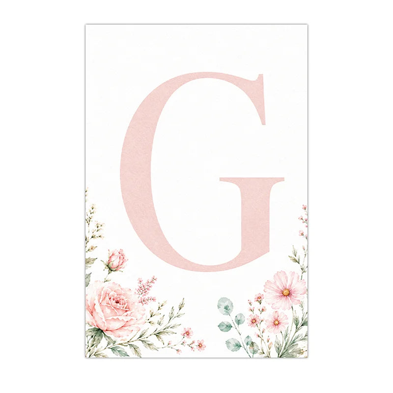 Floral Alphabet Wall Art Custom Letter Canvas Painting Pink Flower Poster Print Nursery Wall Decor Peaceful Pleasures Health and Wellness