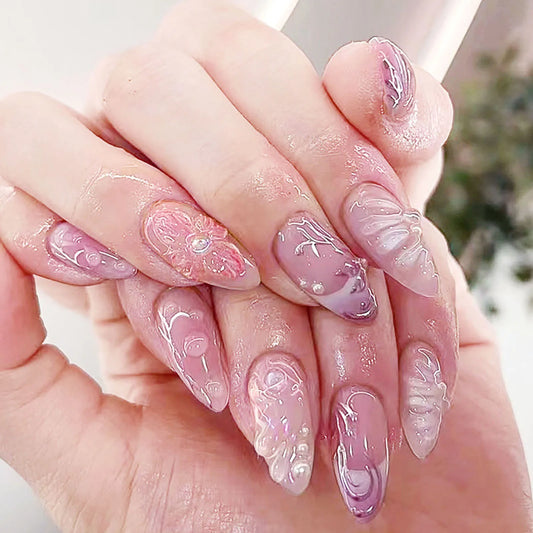 24pcs 3D Flower Press On Nails | Purple Aurora Almond Shape Press On Nails Peaceful Pleasures Health and Wellness 1
