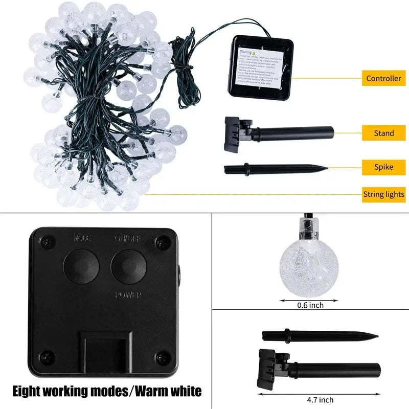 Solar String Lights 60 LED Crystal Globe IP65 – 8 Modes Outdoor