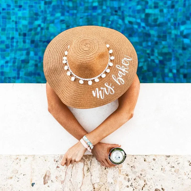 Personalized Mrs Straw Hat | Custom Floppy Beach Hat for Bride