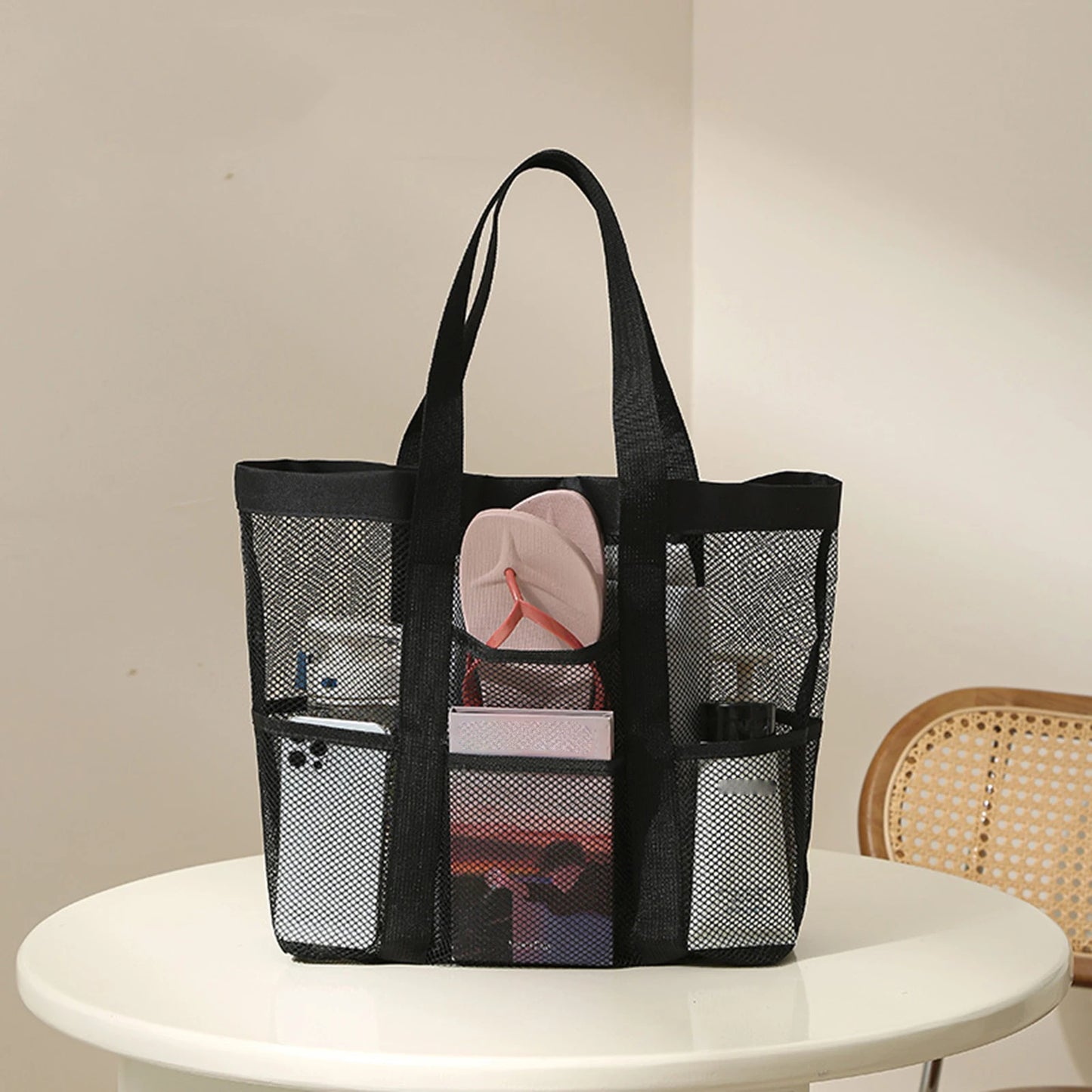Large Capacity Hand-held Nylon Mesh Beach Supplies Storage Bag for Women Mother Vacation Use Peaceful Pleasures Health and Wellness