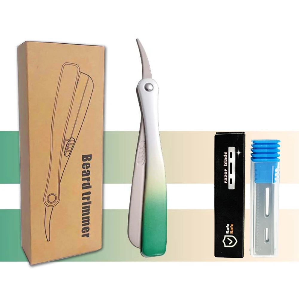 Manual Men Straight Edge Razor for Feather Safety Blade Zinc Alloy Hair Removal Shaver Folding Shaving Knife Gradient ABS Handle Peaceful Pleasures Health and Wellness green