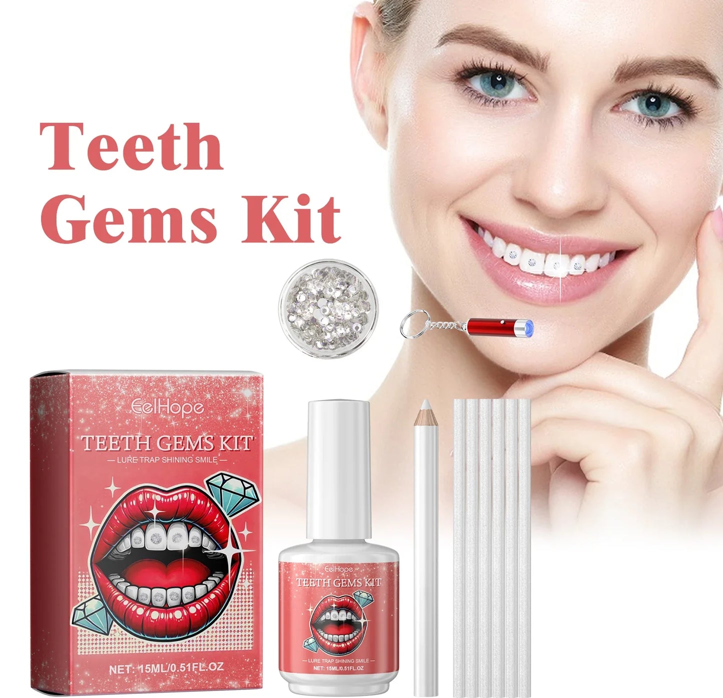 DIY Teeth Gems Kit – 100 Dental Gems, UV Light & Adhesive