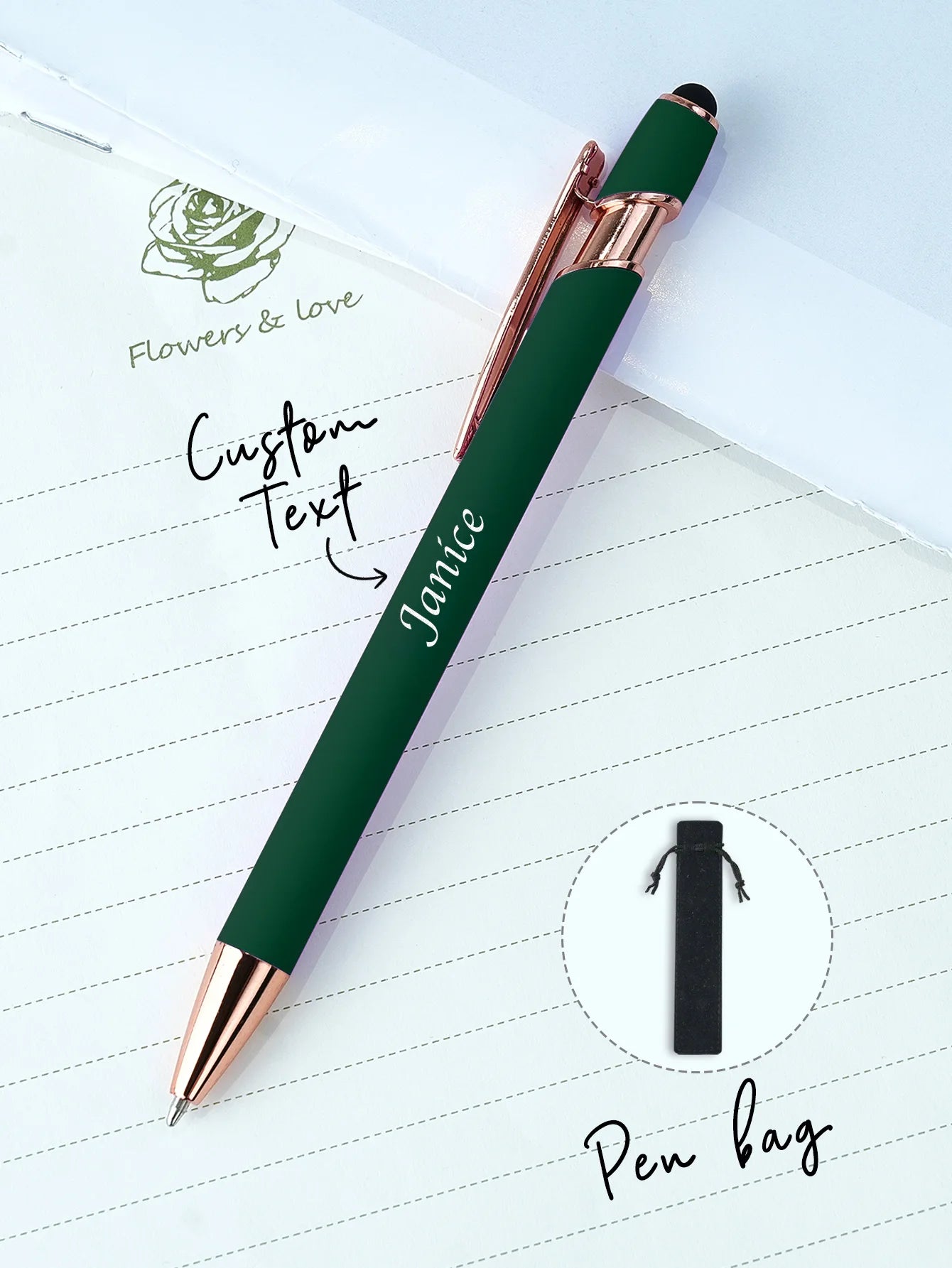 Custom Name Ballpoint Pen Personalized Engraved Stylus Soft Touch 10 Colors Gift For Coupes Teacher Student Back To School Peaceful Pleasures Health and Wellness Dark Green One Size