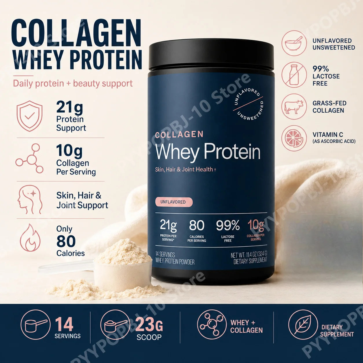 Grass-Fed Collagen Whey Protein Powder | 21g Protein + 10g Collagen