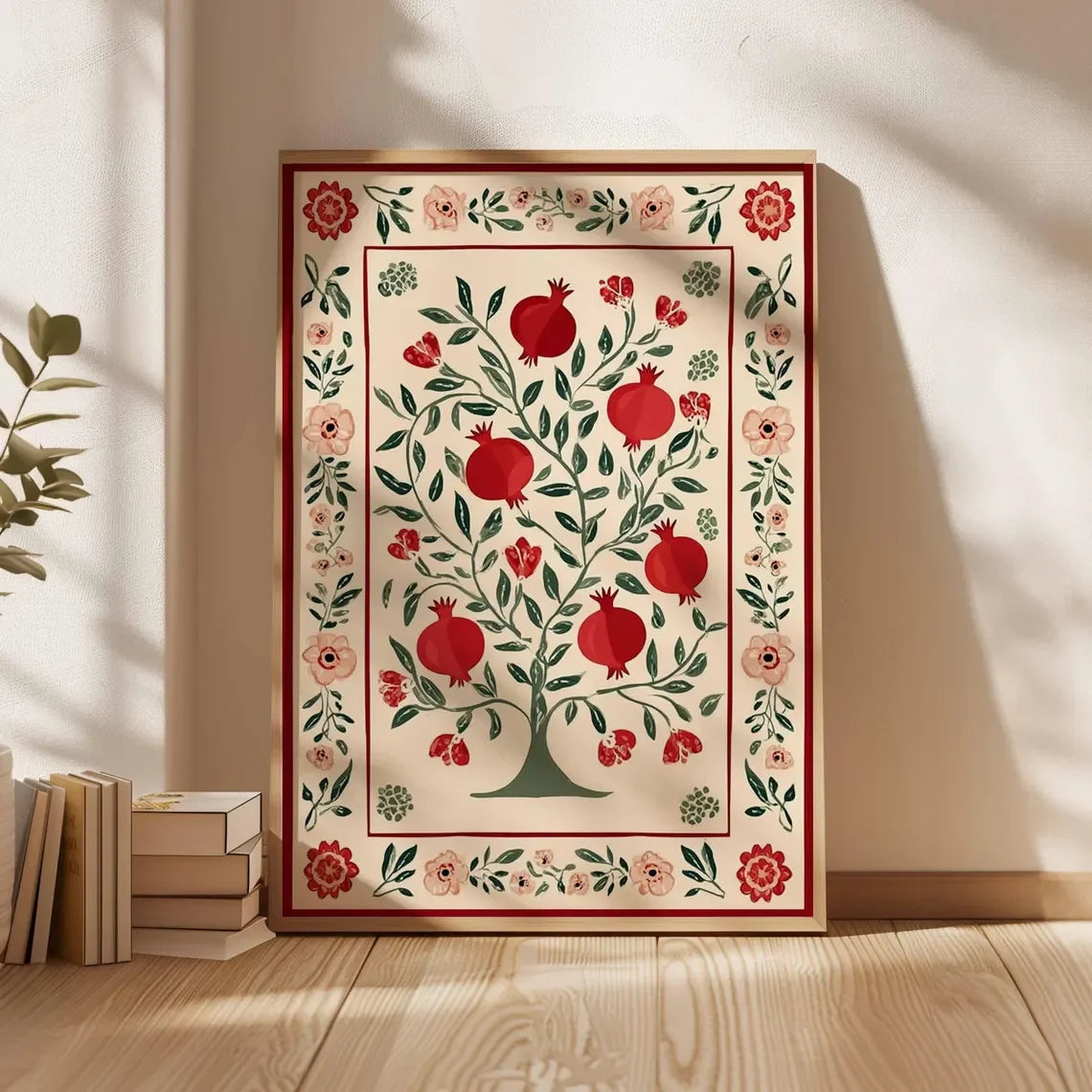 Pomegranate Tree Canvas Wall Art | Botanical Folk Art Print