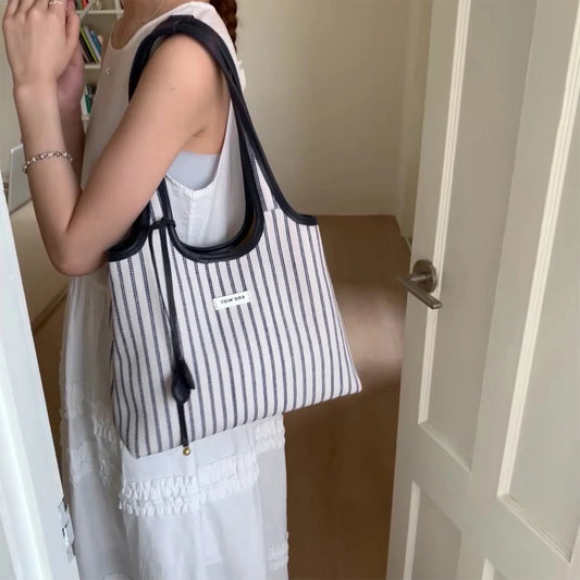 Striped Canvas Tote Bag for Women Large Capacity Shoulder Crossbody Bag Fashion Commute School Bag Peaceful Pleasures Health and Wellness