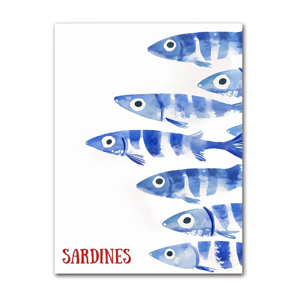 Blue Sardines Fish Canvas Print Set | Japanese Cute Wall Art