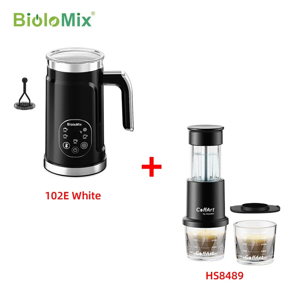 Black milk frother and coffee maker with 'BioloMix' branding on a white background