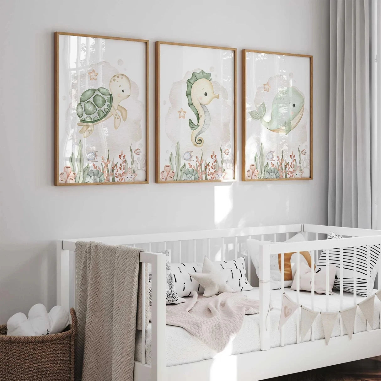 3-Piece Cartoon Ocean Animals Canvas Wall Art | Kids Room Decor