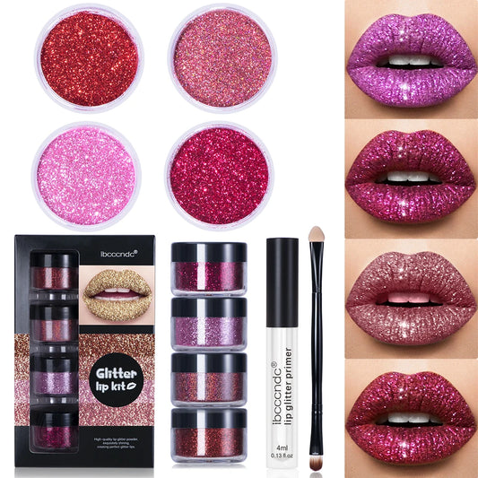 4Color Glitter Lip Gloss Set, Diamond Metallic High Pigment Powder for Lip Makeup, Glitter Lip Makeup, with Lip Primer and Brush Peaceful Pleasures Health and Wellness plum
