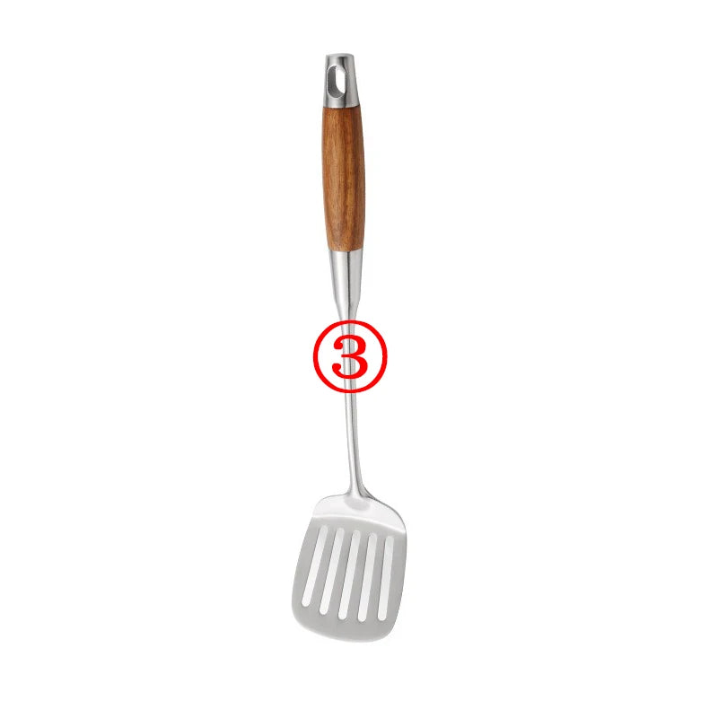 Rosewood Handle Stainless Steel Cookware Set Kitchen Durable Wok Spatula Colander Shovel Cooking Utensil Kitchenware Accessories