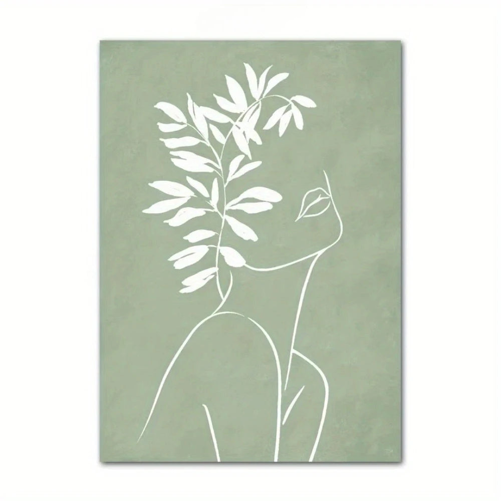 Bohemian Green Leaves & Flowers Abstract Canvas Wall Art