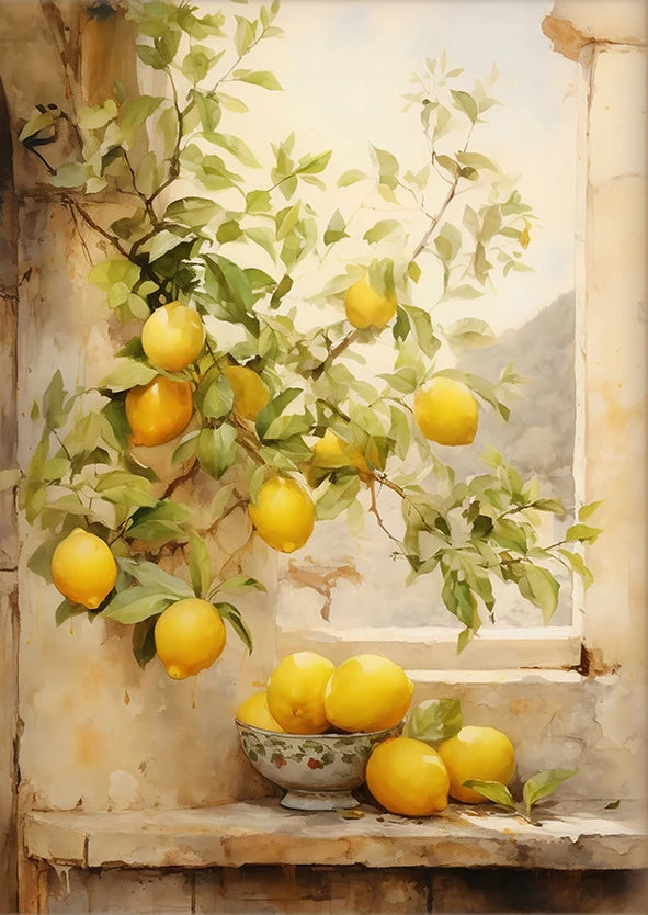 Retro Lemon Olive Tree Canvas Wall Art | Summer Home Decor