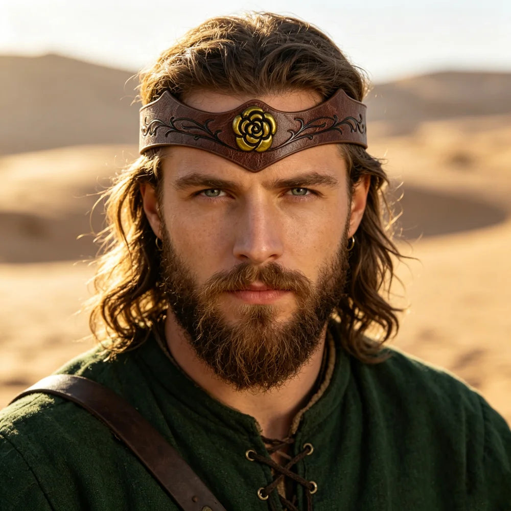 Medieval Golden Rose Leather Headband Vintage Elf Warrior Headpiece