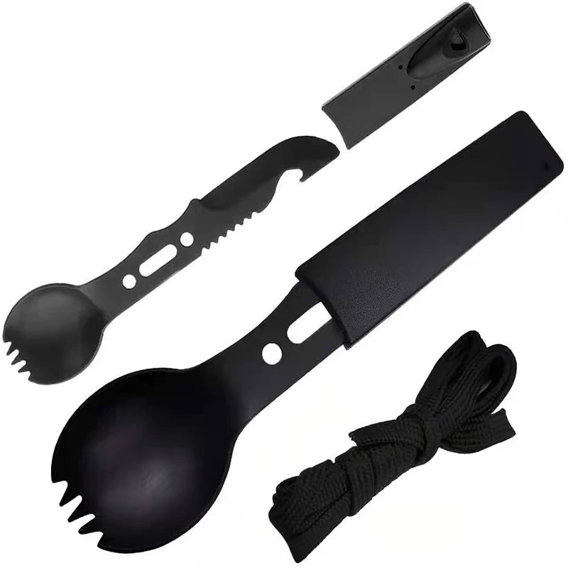 Outdoor Spork Portable Tableware Table Knife Bottle Opener Camping Survival Knife Creative Knife with Whistle Peaceful Pleasures Health and Wellness