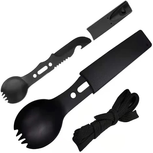 Outdoor Spork Portable Tableware Table Knife Bottle Opener Camping Survival Knife Creative Knife with Whistle Peaceful Pleasures Health and Wellness