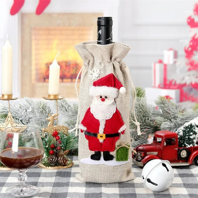 Xmas Snowman Santa Claus Wine Bottle Gift Packaging Jute Bag Pouch Burlap Christmas Wine Bottle Cover Bag Christmas Decorations Peaceful Pleasures Health and Wellness