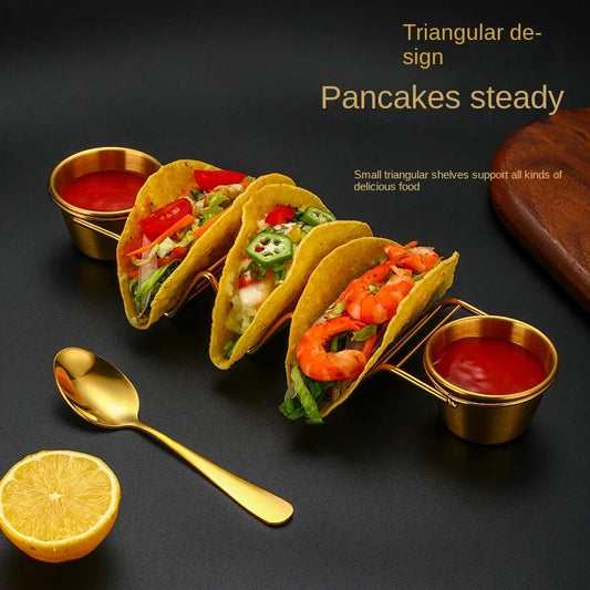 Mexican Restaurant Stainless Steel Pancake Rack Spring Roll Taco Holder Pizza Display Stand with 2pcs Sauce Cup &1 Dessert Spoon Peaceful Pleasures Health and Wellness