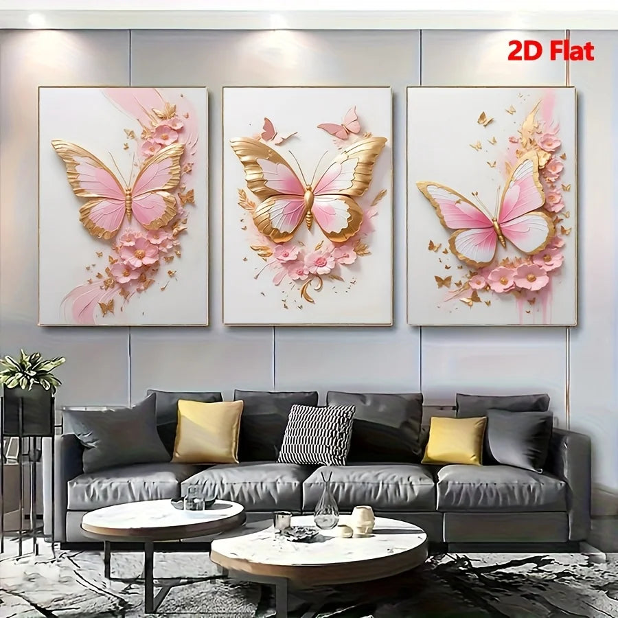 3-Piece Pink Butterfly Canvas Wall Art Set – Unframed Decor Canvas Wall Art Set Peaceful Pleasures Health and Wellness 40x50cm No Frame ZLH11336-3pcs