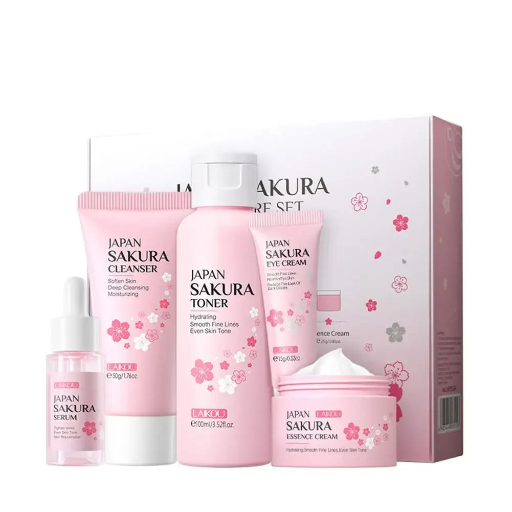 5pcs Skin Care Set Sakura Essence Skin Care Gift Sets With Cleanser,Toner,Serum,Eye Cream, Moisturizing Smooth Wrinkles Skincare Peaceful Pleasures Health and Wellness 5pcs set