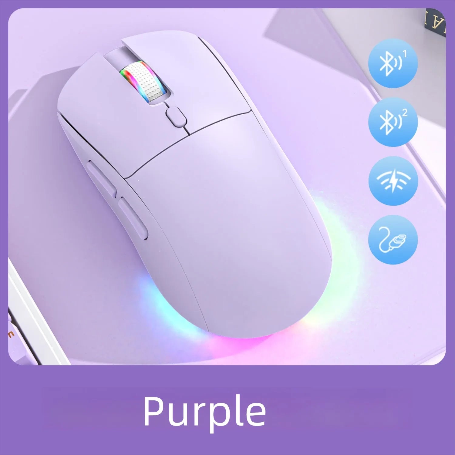 Tri-mode RGB Gaming Mouse Dual BT/2.4G/USB Wired Mouse Rechargeable Mouse 6 Button 4800DPI Bluetooth 5.3 Mouse for Laptop Tablet Peaceful Pleasures Health and Wellness PURPLE