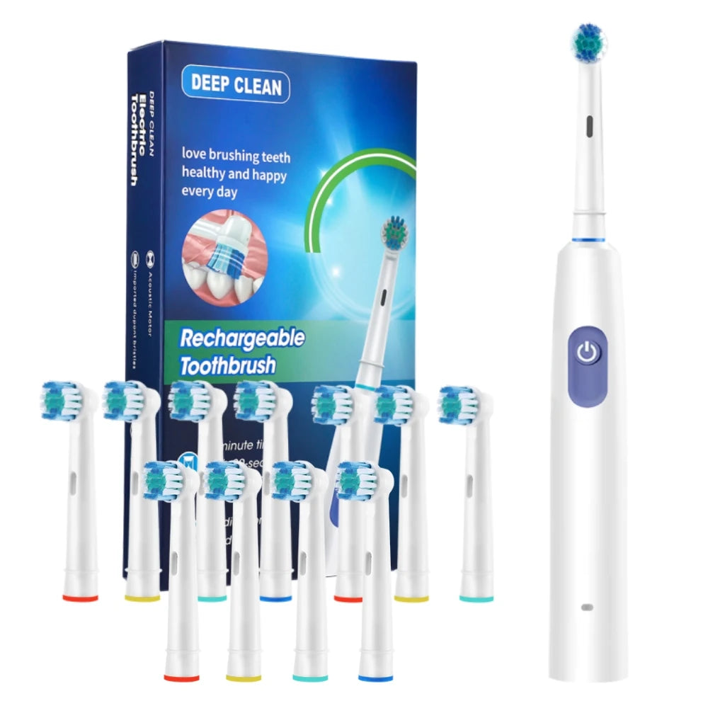Electric Toothbrush Rotary Rechargeable Teeth Cleaner for Adults Soft Bristles Rotating Round Brush Heads Smart Timer Toothbrush Peaceful Pleasures Health and Wellness White 12pcs heads