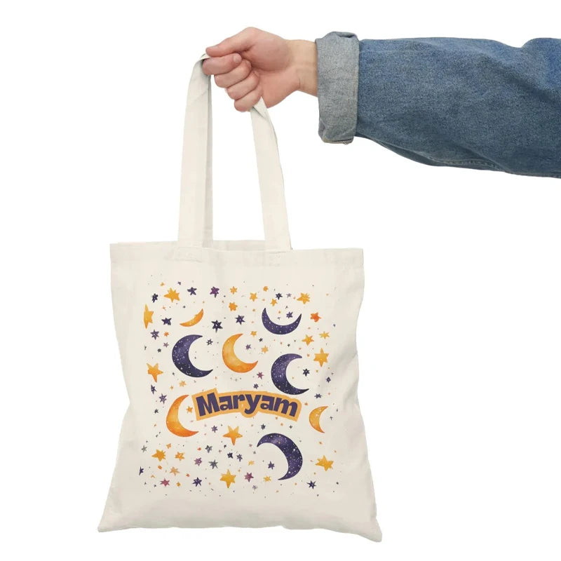 Personalized Eid Canvas Tote Bag | Moon Stars Ramadan Gift Personalized Canvas Tote Peaceful Pleasures Health and Wellness