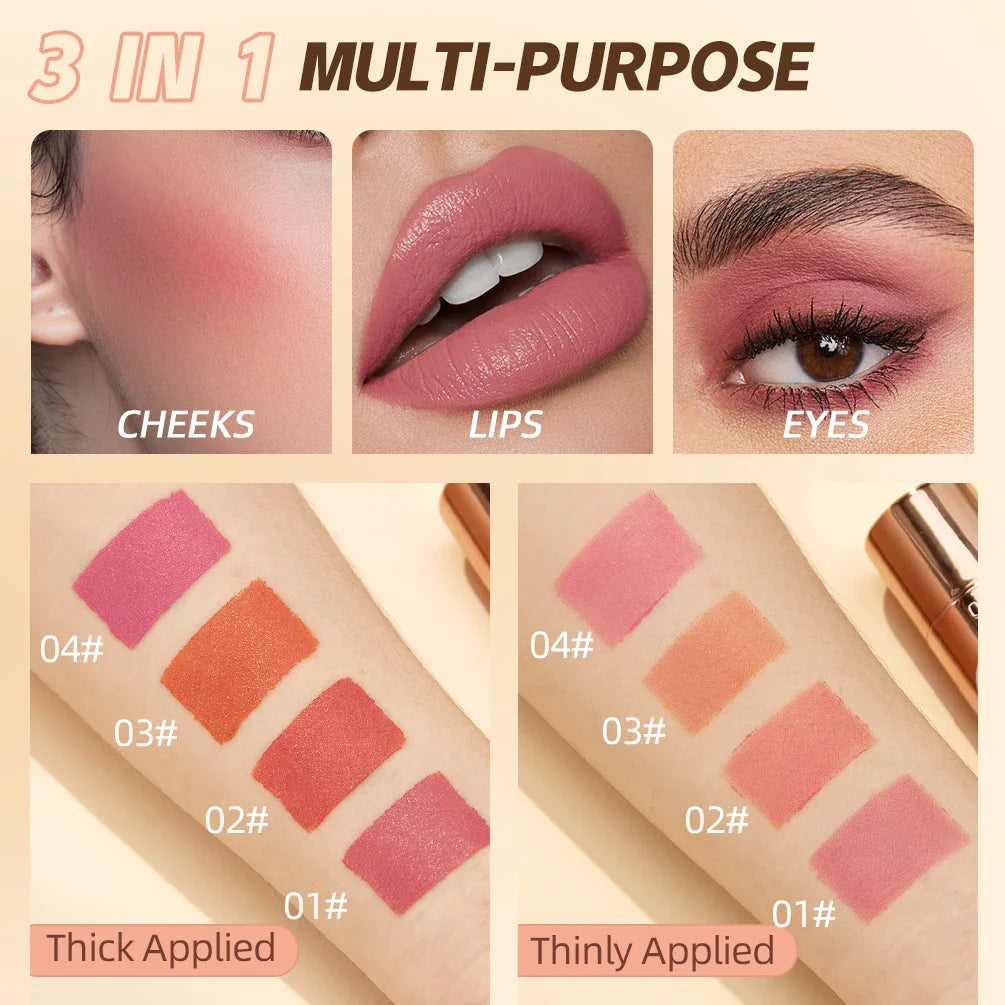 QIBEST 3-in-1 Makeup Stick – Lipstick, Blush & Eyeshadow