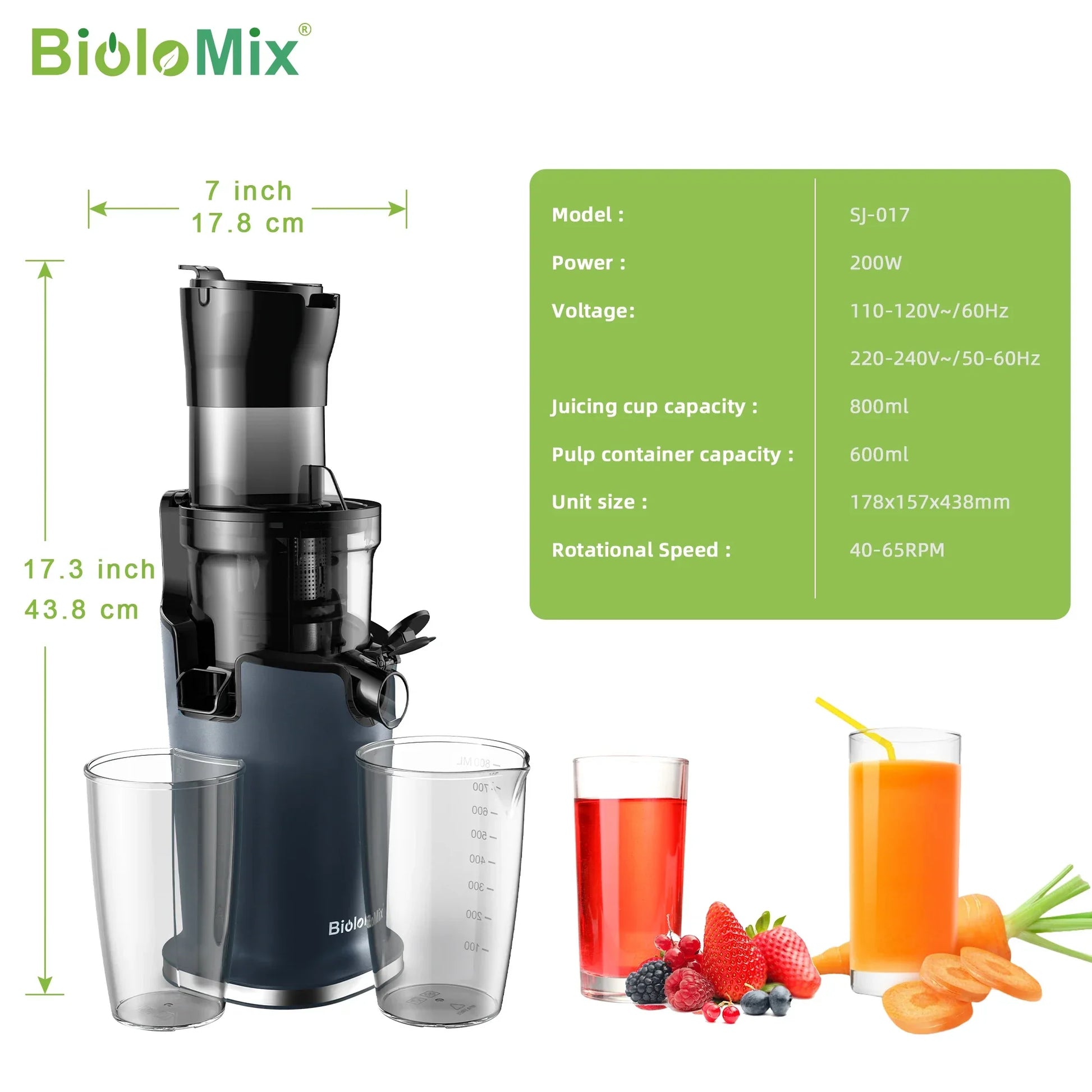 BioloMix Cold Press Juicer – 78mm Feed Chute, 200W DC Motor, BPA-Free Tritan Peaceful Pleasures Health and Wellness