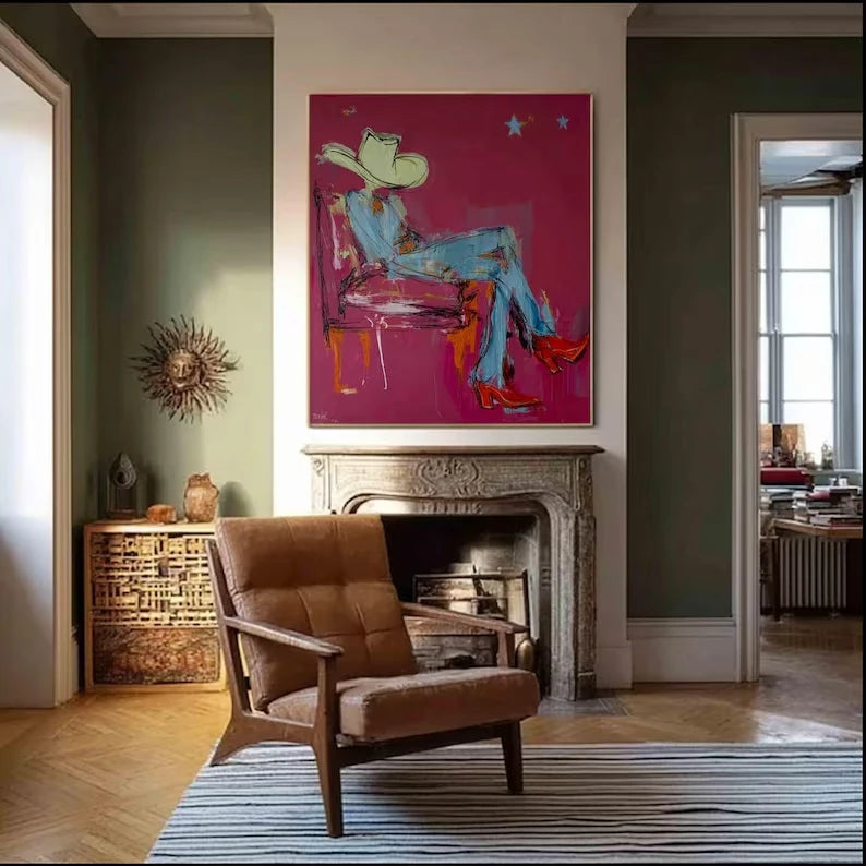 Modern Abstract Cowboy Red Western Canvas Wall Art Print