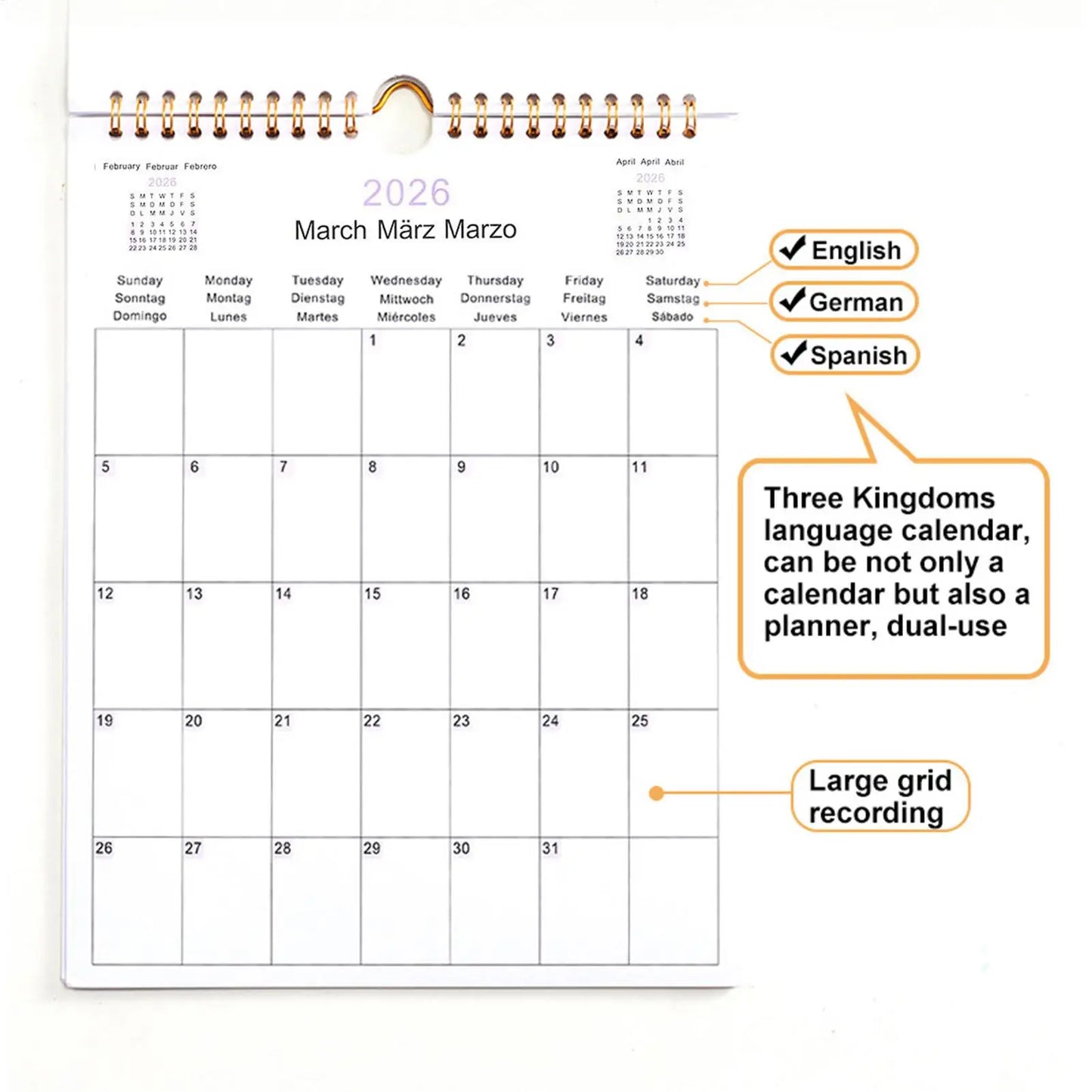 2026 Multilingual Wall Calendar 12 Month Coil Planner Modern Decorative Bedroom Dormitory Apartment School Workplace Supplies Peaceful Pleasures Health and Wellness