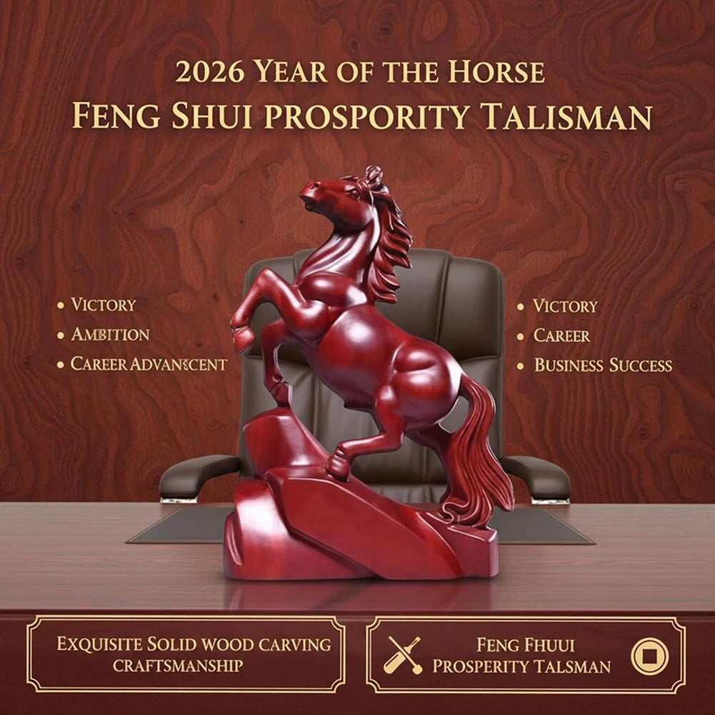 2026 Year of the Horse Wood Figurine | Chinese New Year Statue Decorative Figurine Peaceful Pleasures Health and Wellness