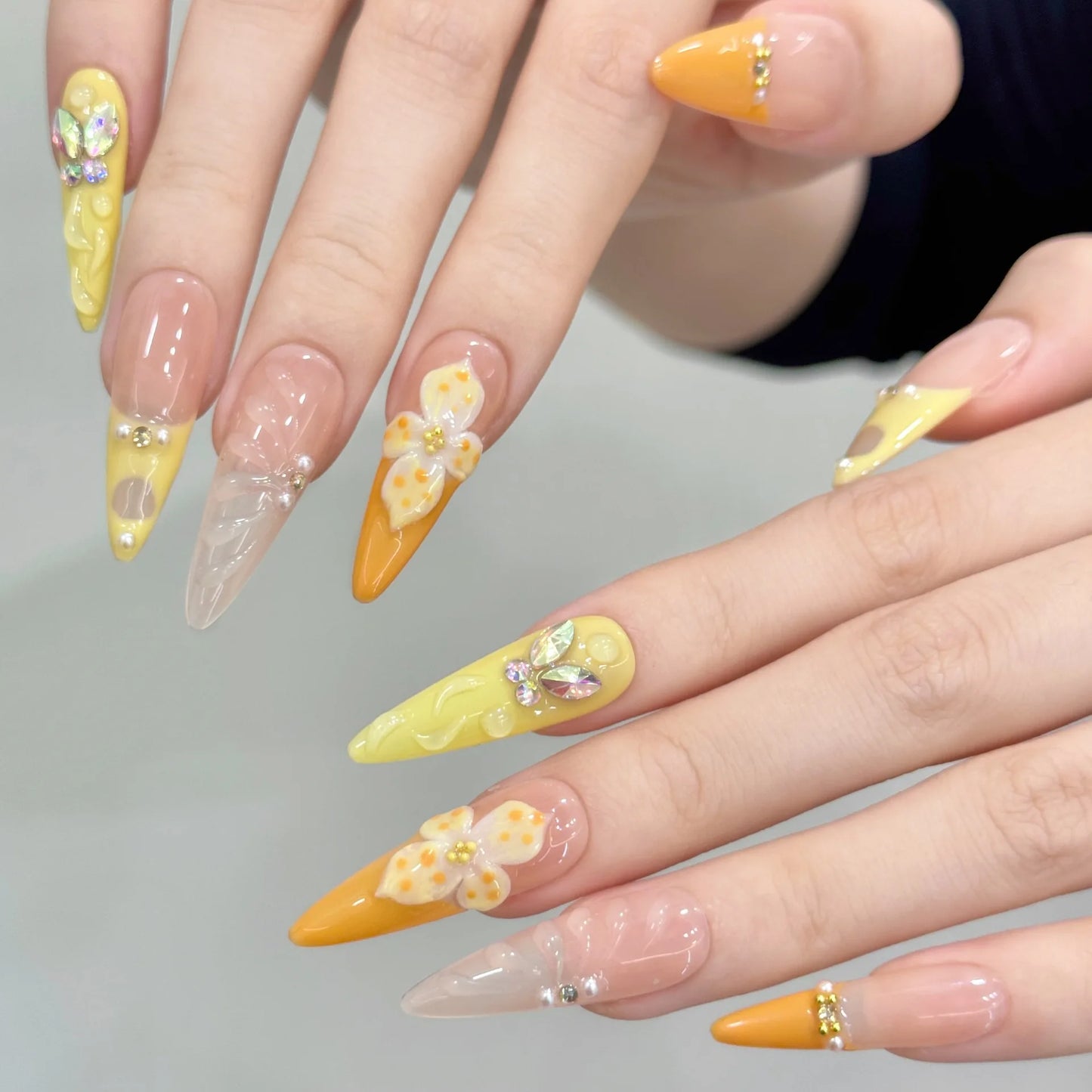 10pcs Handmade Summer Press on Nails Sweet 3d Carved Flower False Nails Wearable Full Cover Ins Long Almond False Nail Tips Peaceful Pleasures Health and Wellness