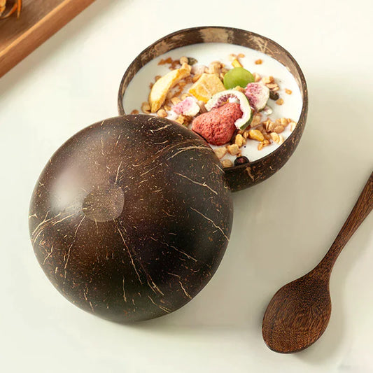 Handmade Natural Coconut Bowl with Fork & Spoon | Eco Tableware Coconut Shell Bowl Peaceful Pleasures Health and Wellness