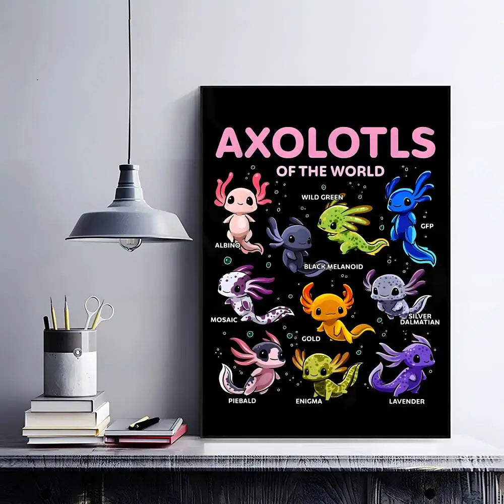 Cute Axolotl Art Poster HD Self Adhesive Waterproof Wall Art Ideal for Home Office Dorm Bedroom Great Gift Peaceful Pleasures Health and Wellness Black9 15X20cmNoframe