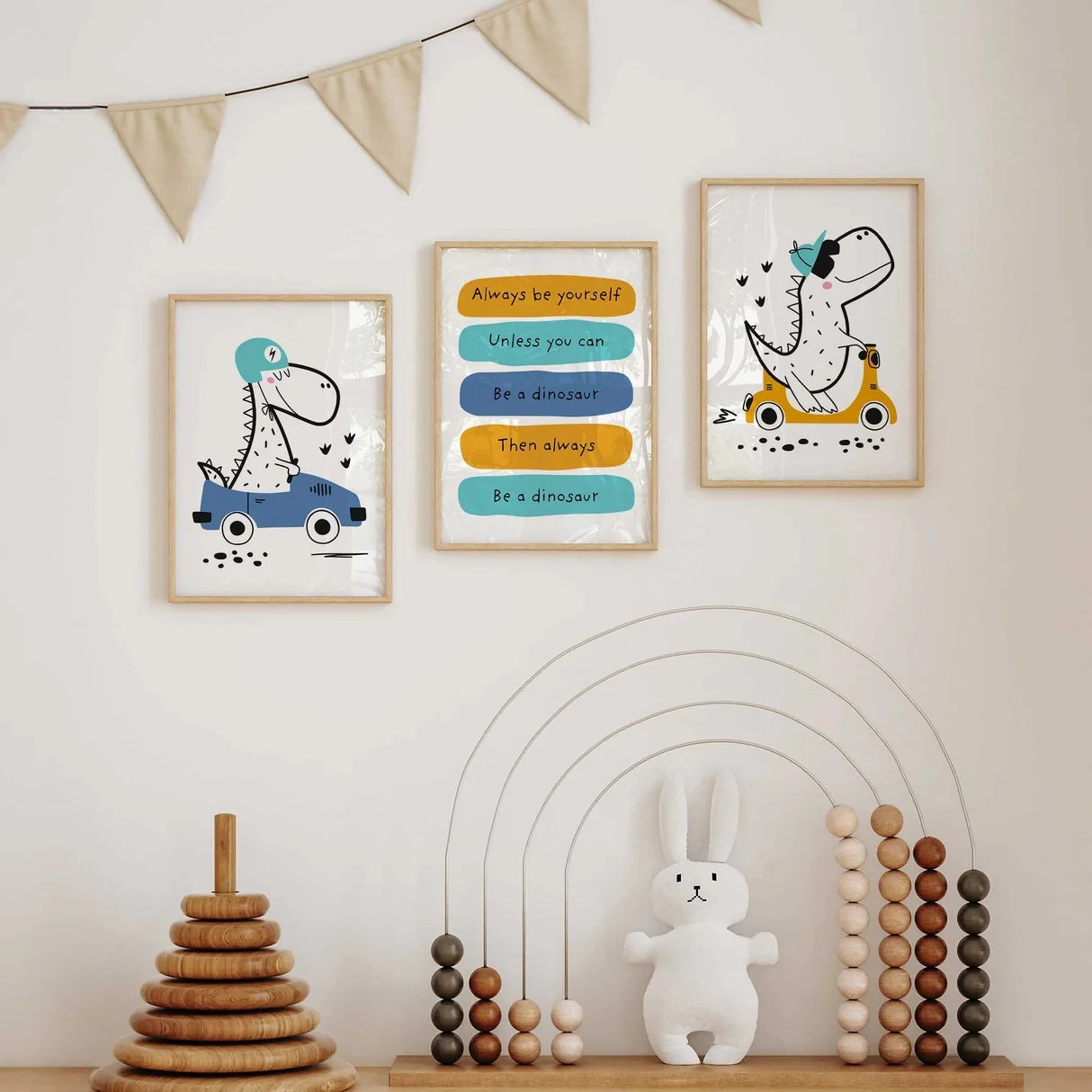 3-Piece Cartoon Dinosaur Quote Canvas Wall Art | Kids Room