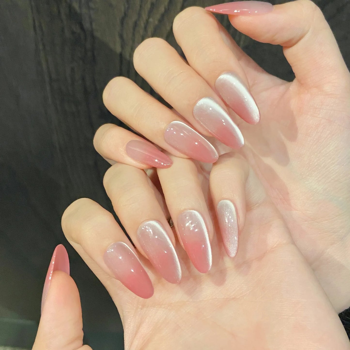 Almond Press-On Nails Gradient Pink Korean Cat Eye | 10pcs